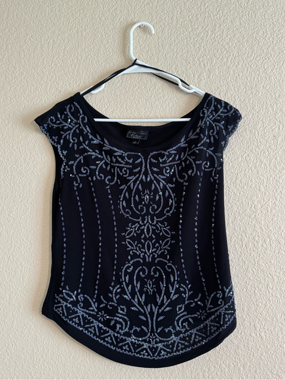 Dress Barn Black Cap-Sleeve Top with Silver Beaded Design